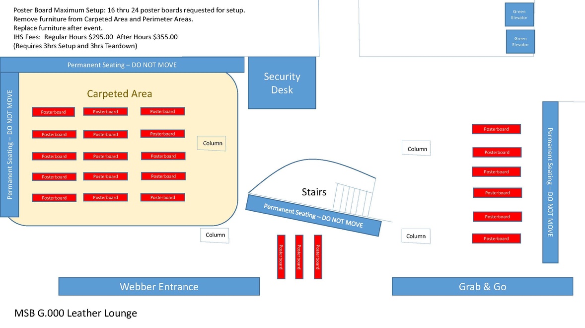 Diagram of MMS Leather Lounge in the Maximum Posterboard Configuration of Tables, Chairs and Posterboards