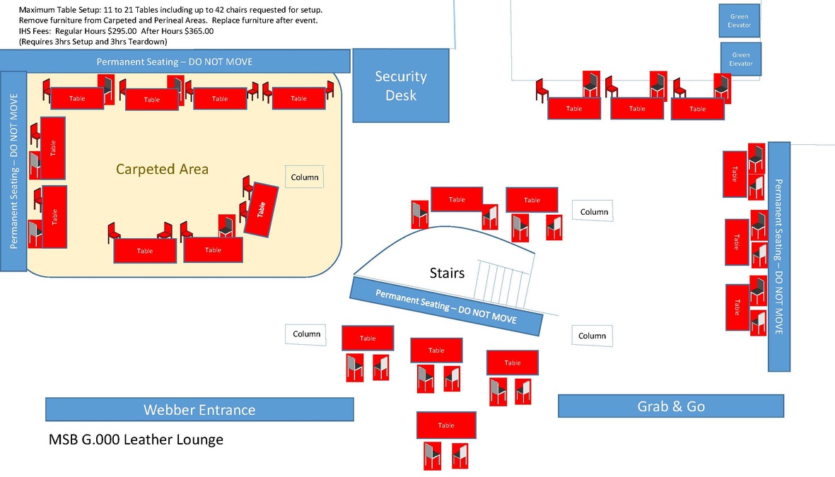 Diagram of MMS Leather Lounge in the Max Table Configuration of Tables and Chairs