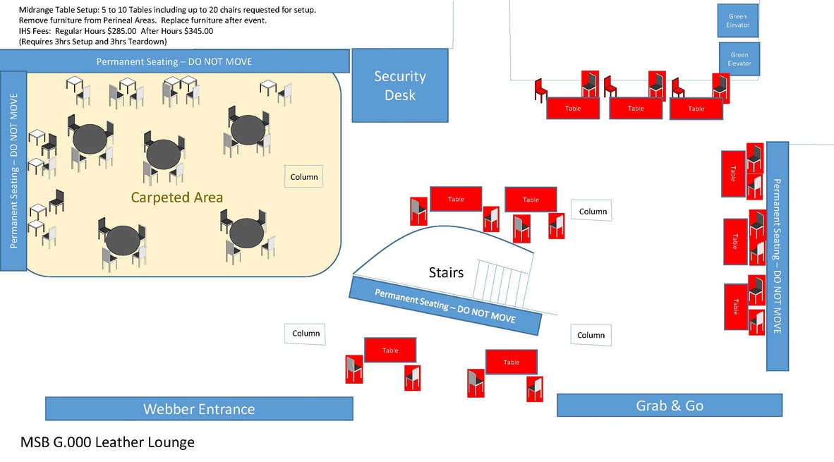 Diagram of MMS Leather Lounge in the Midrange Tables Configuration of Tables, Chairs
