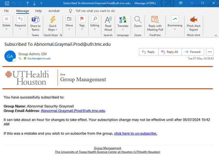 Email Confirmation of successful enrollment into Abnormal Security Graymail.
