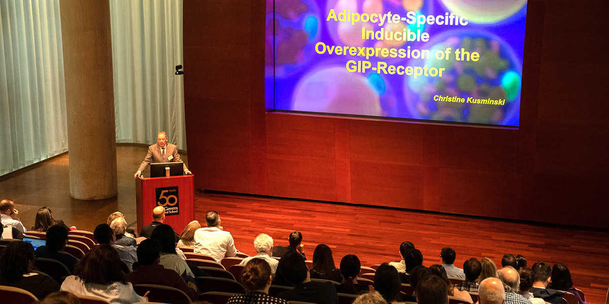 Wide shot of a presentation in an auditorium